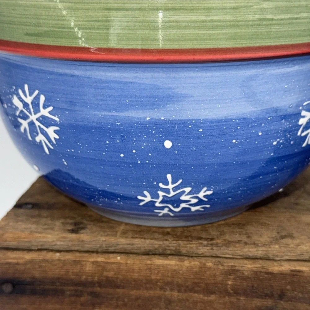 Mixing Serving Bowls Set of 2 Hand Painted‎ Christmas Tree Cardinal Stoneware